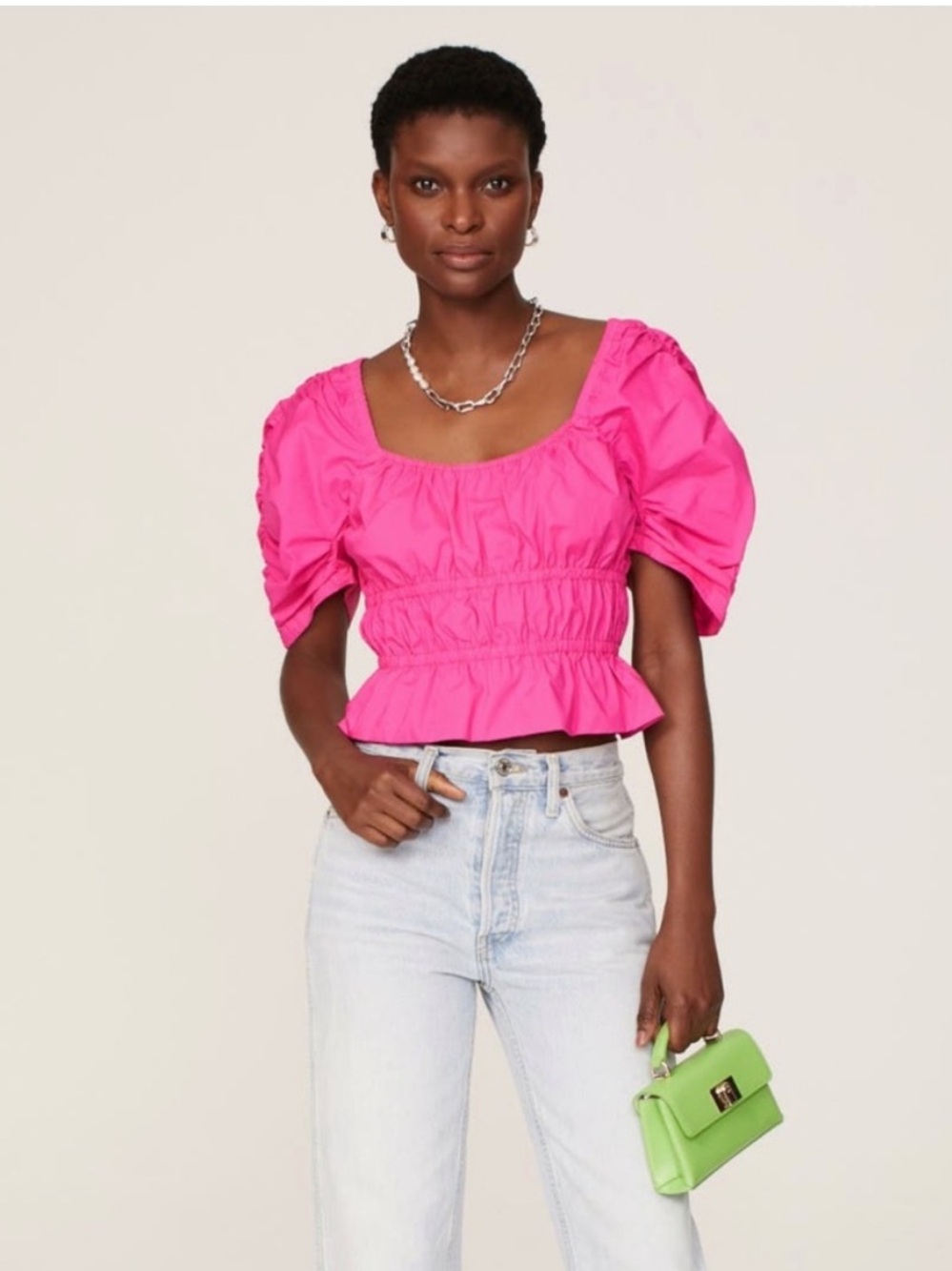 10 Crosby Derek Lam Pink Elastic Detail Puff Sleeve Crop Top Blouse Size 50 (XL)
